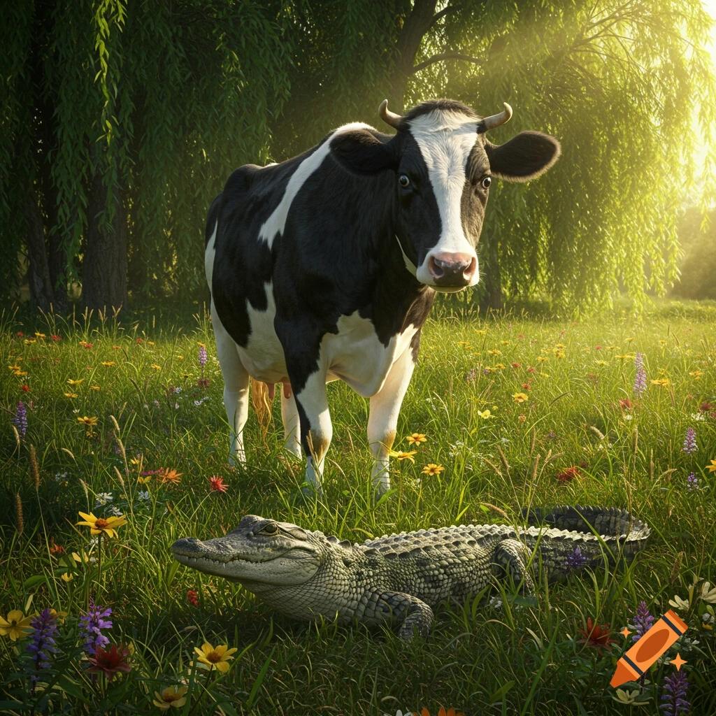 A black and white cow stands in a sunny, flower-filled meadow, with an alligator resting in the foreground.