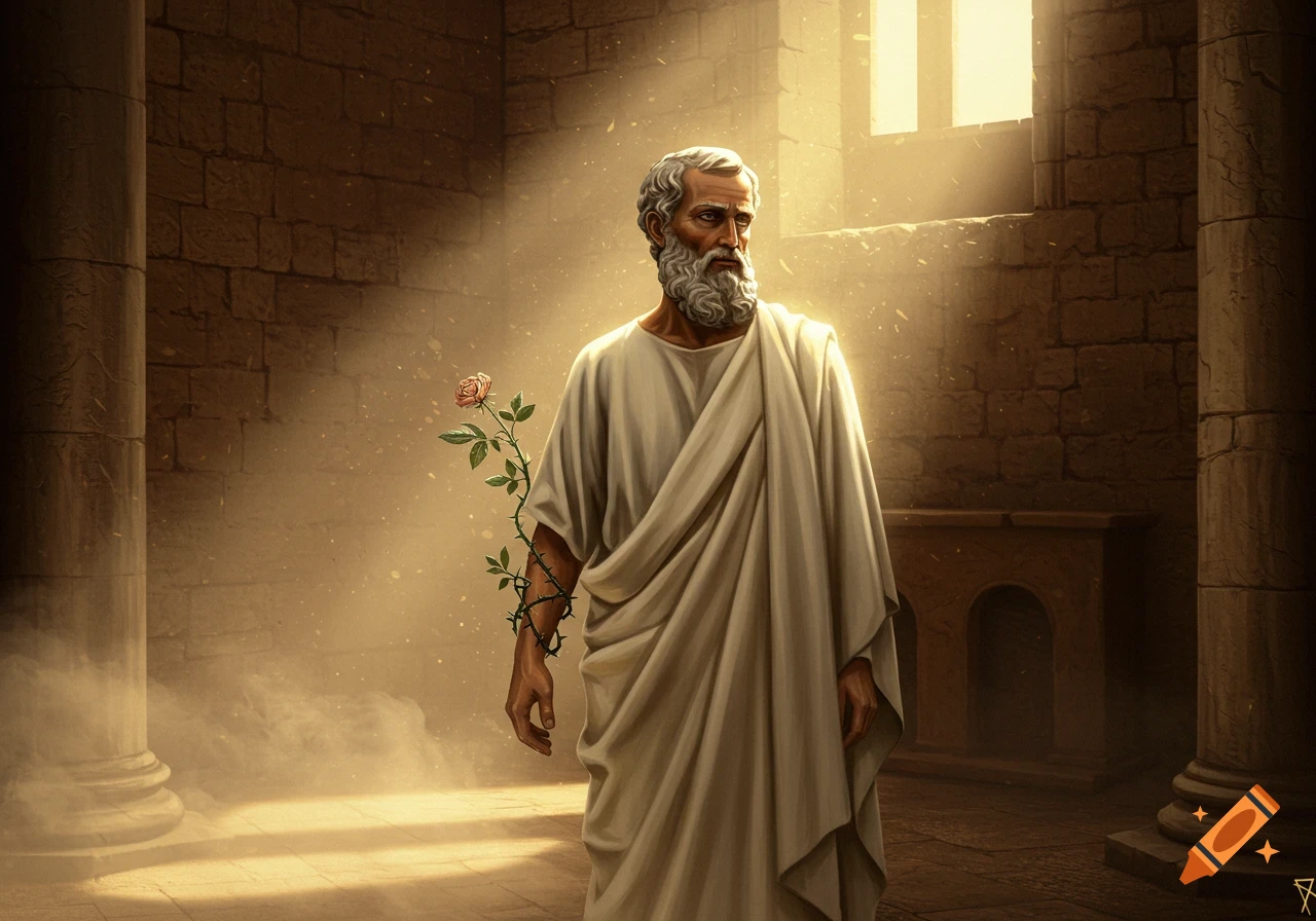 A bearded old man in a white toga stands in a sunlit ancient stone room, a thorny rose stem wrapped around his arm.