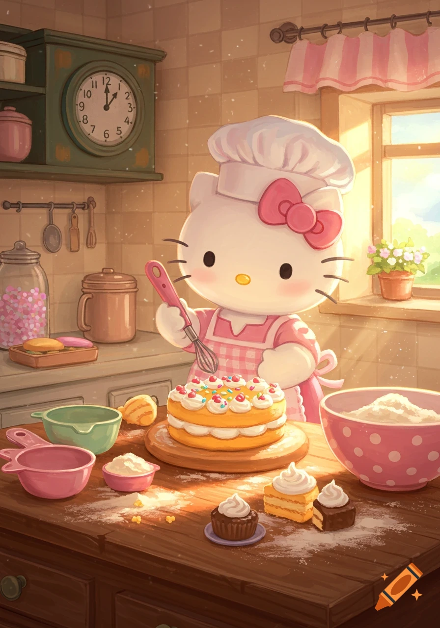 Cute cartoon Hello Kitty bakes a cake in a cozy kitchen, holding a pink whisk and surrounded by baking ingredients.