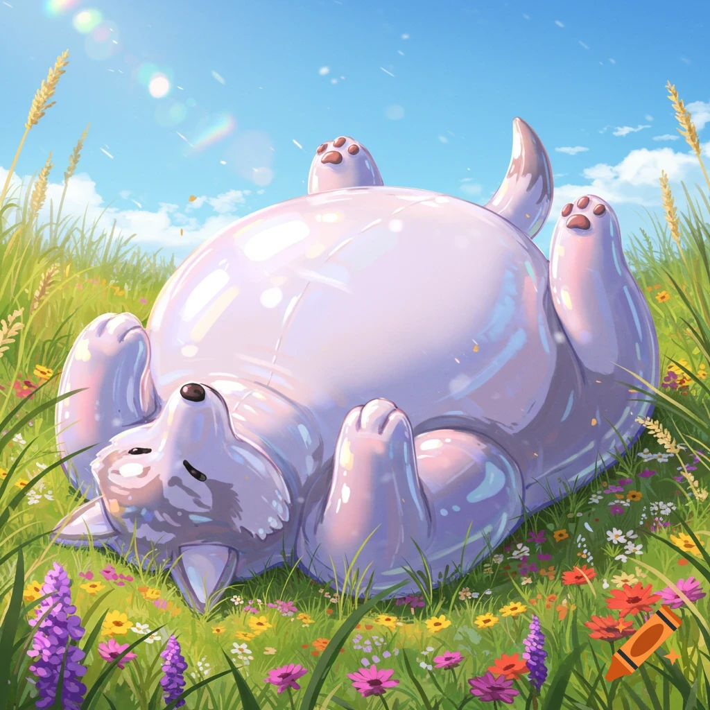 A cute, stylized inflatable wolf lies on its back, belly up, in a field of colorful wildflowers under a sunny blue sky.