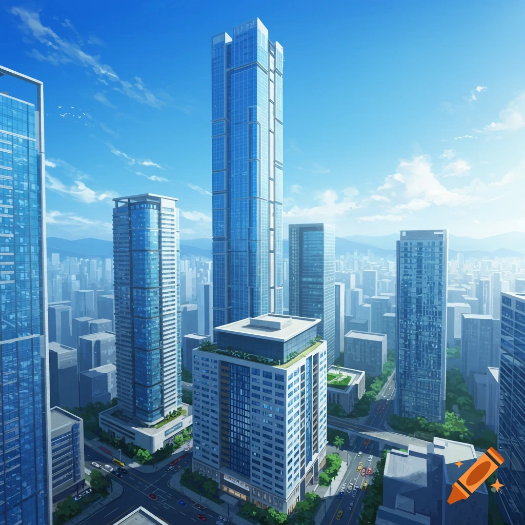 An aerial view of a modern cityscape with numerous tall, blue-glass high-rise buildings under a clear blue sky.
