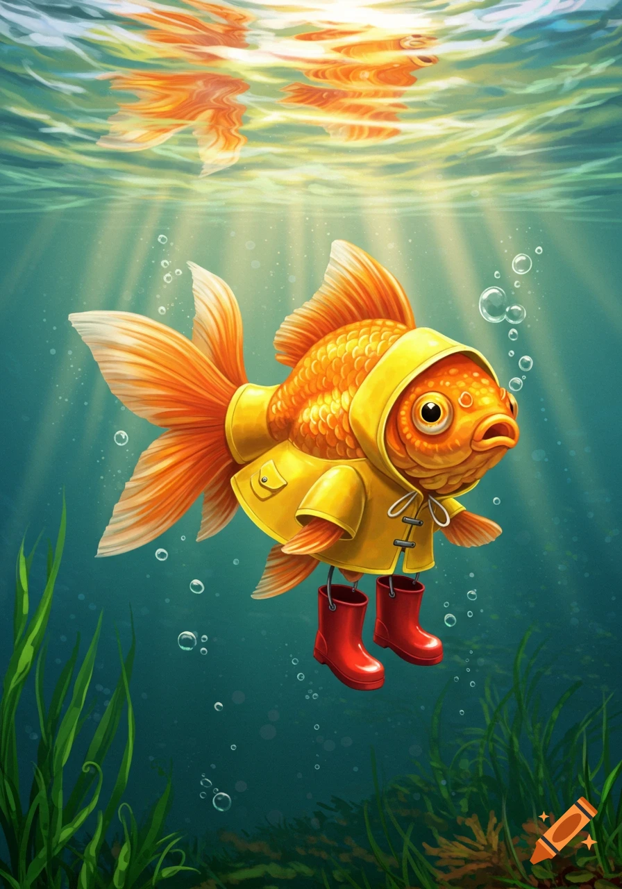 Cartoon goldfish in a yellow raincoat and red boots floats underwater amidst green plants and sunlight.