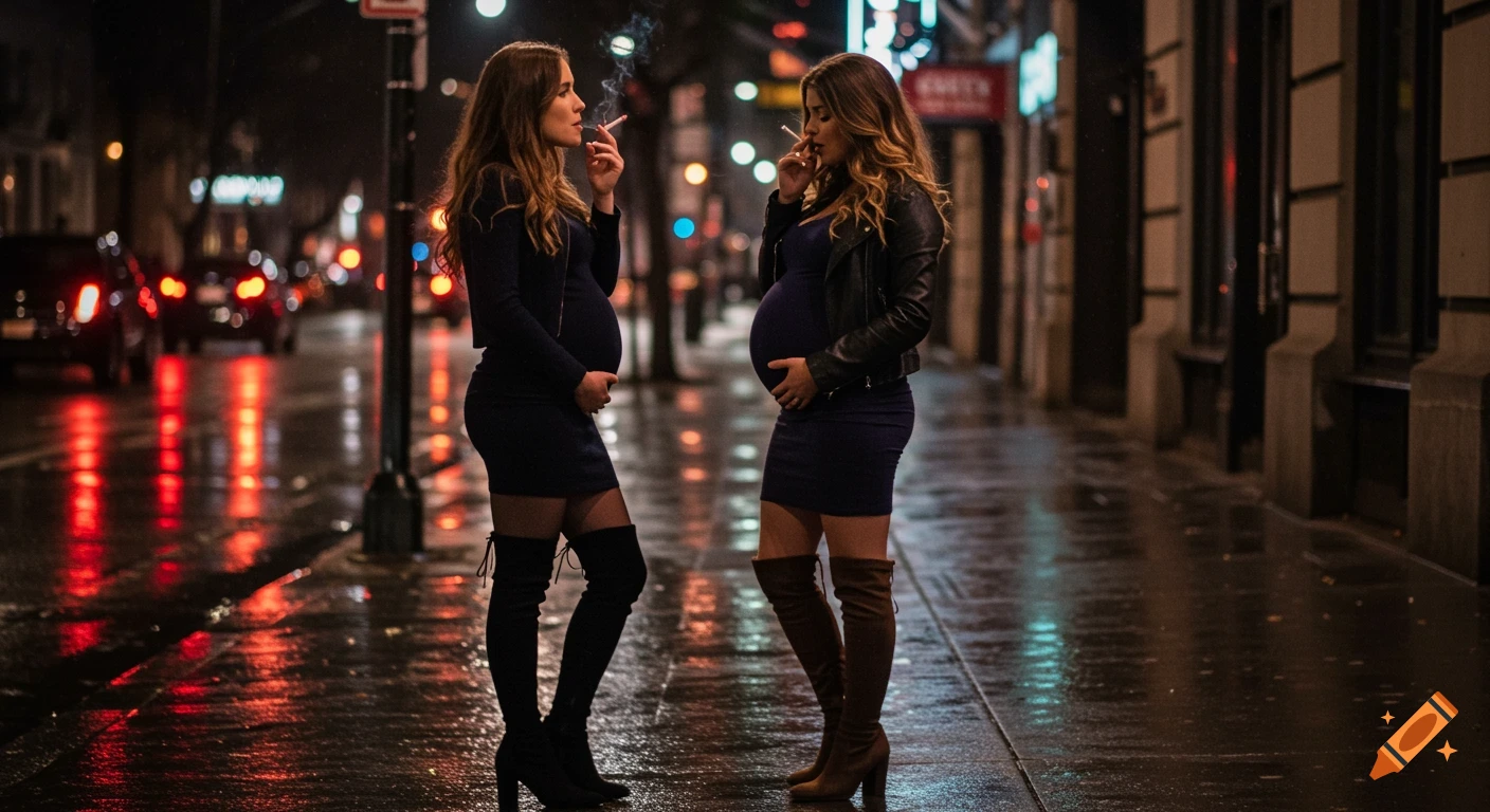 Two pregnant women in dresses and tall boots smoke cigarettes on a wet city sidewalk at night, with streetlights and cars in the blurred background. Photorealistic style.