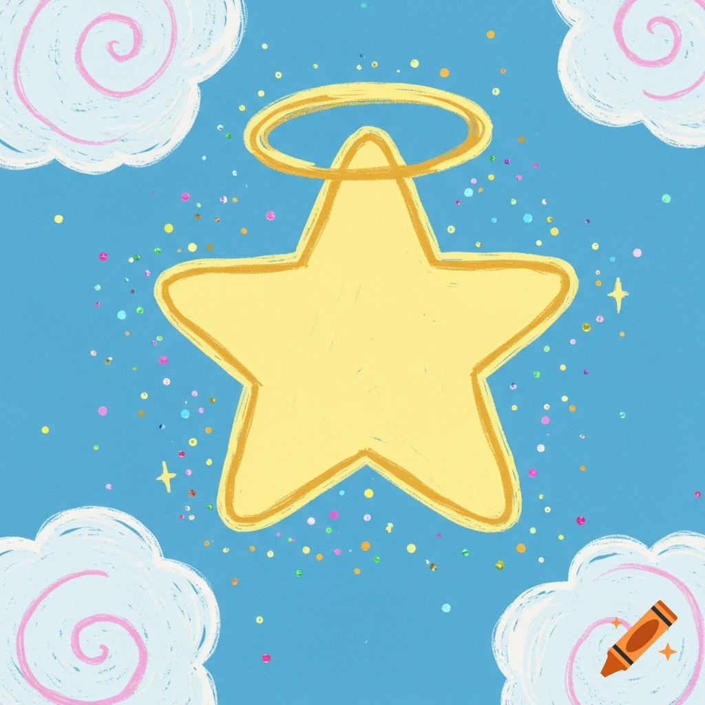 Childlike illustration of a yellow star with a halo on a blue sky background, surrounded by white clouds and colorful sprinkles.