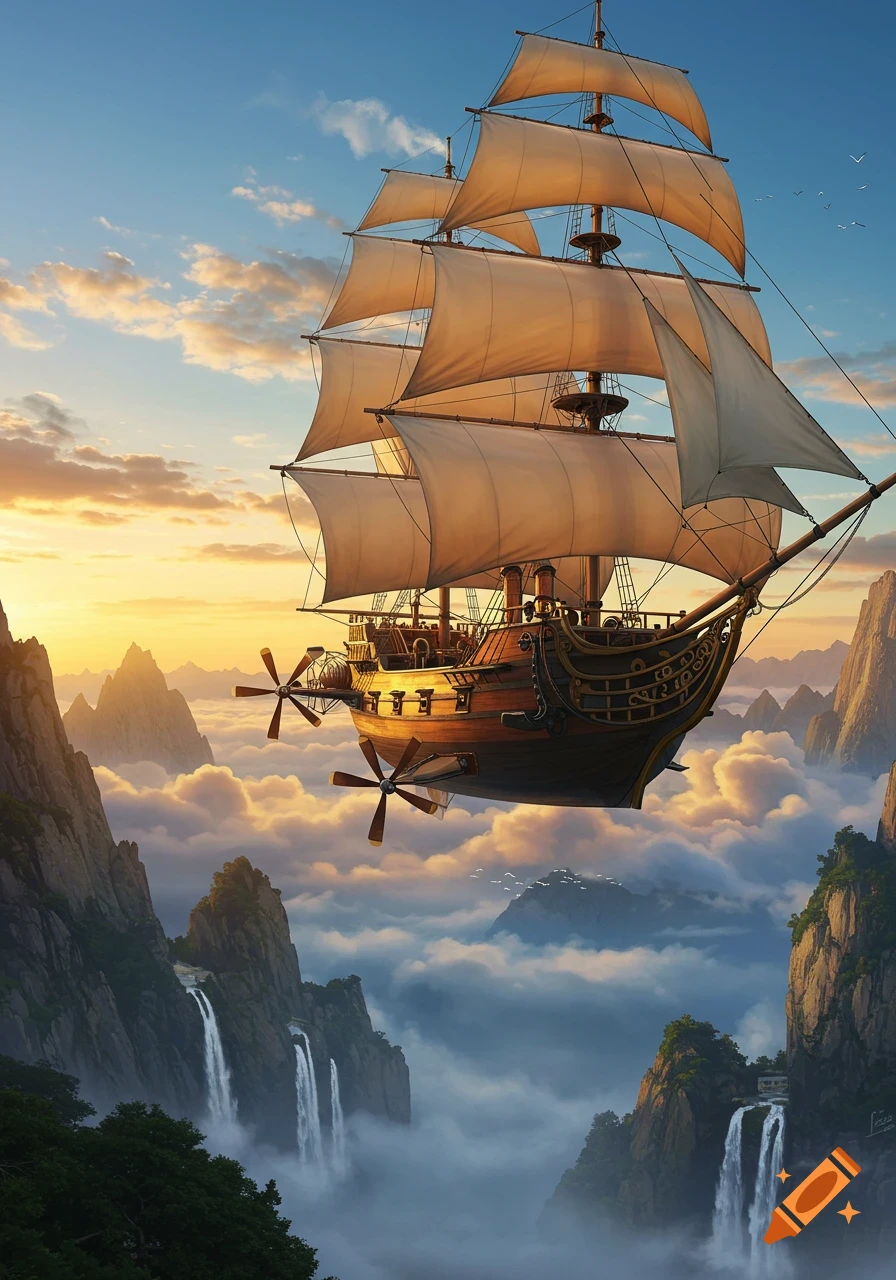 A majestic steampunk airship galleon with sails and propellers flies above cloud-shrouded mountains and waterfalls at sunset.