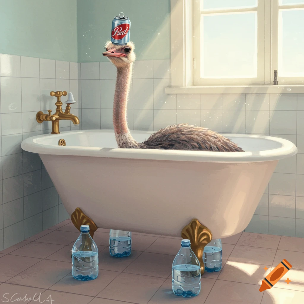 A whimsical illustration of an ostrich in a bathtub with a 'Red' pop can on its head, and water bottles supporting the tub.