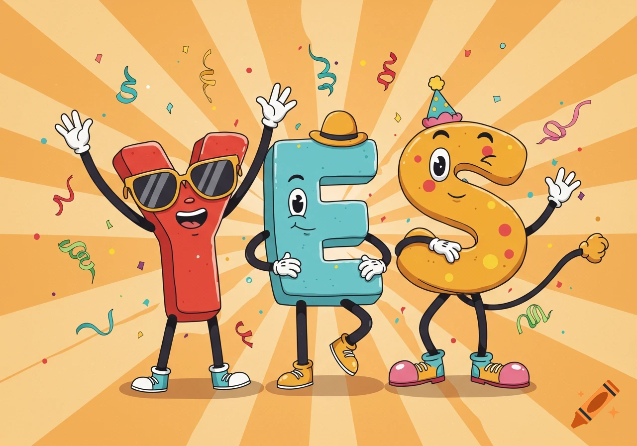 Goofy cartoon letters Y, E, S celebrating with confetti on a yellow background with sun rays.