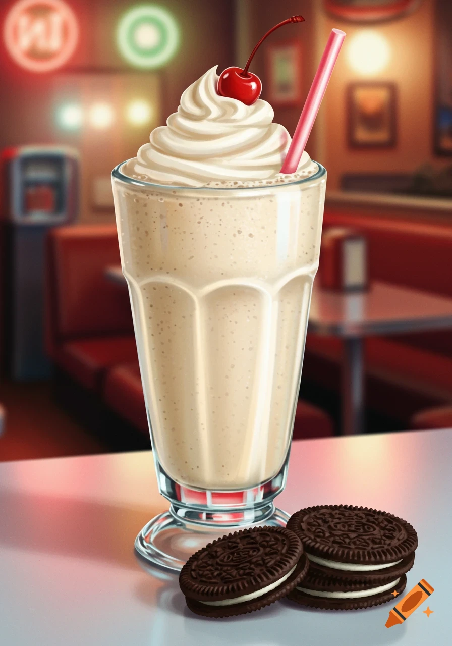 A creamy vanilla milkshake topped with whipped cream and a cherry, with a pink straw, stands beside two Oreo cookies on a diner counter.