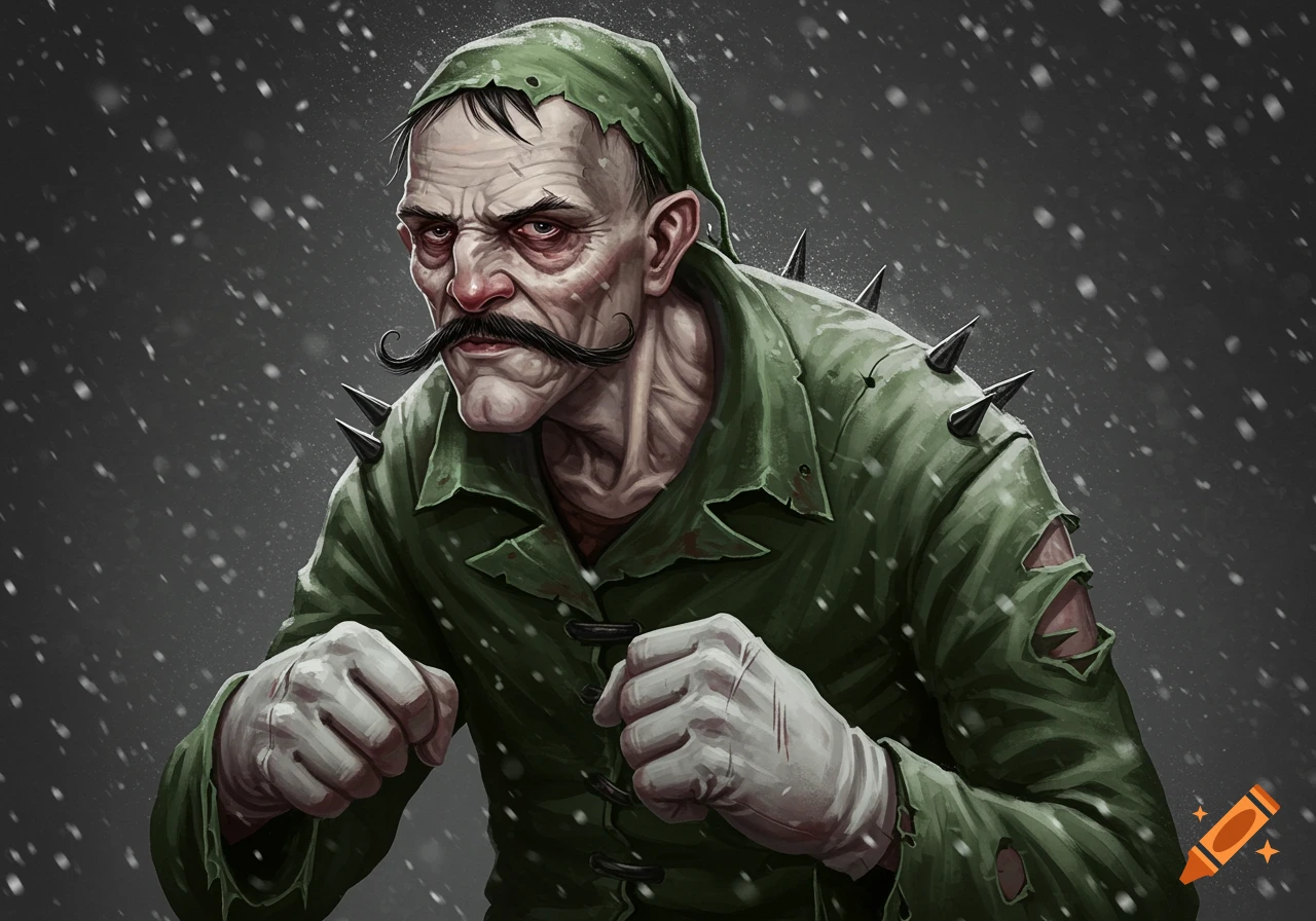 A gaunt, grumpy man with a mustache, wearing a spiked, tattered green suit and white gloves, stands ready to fight in falling snow.