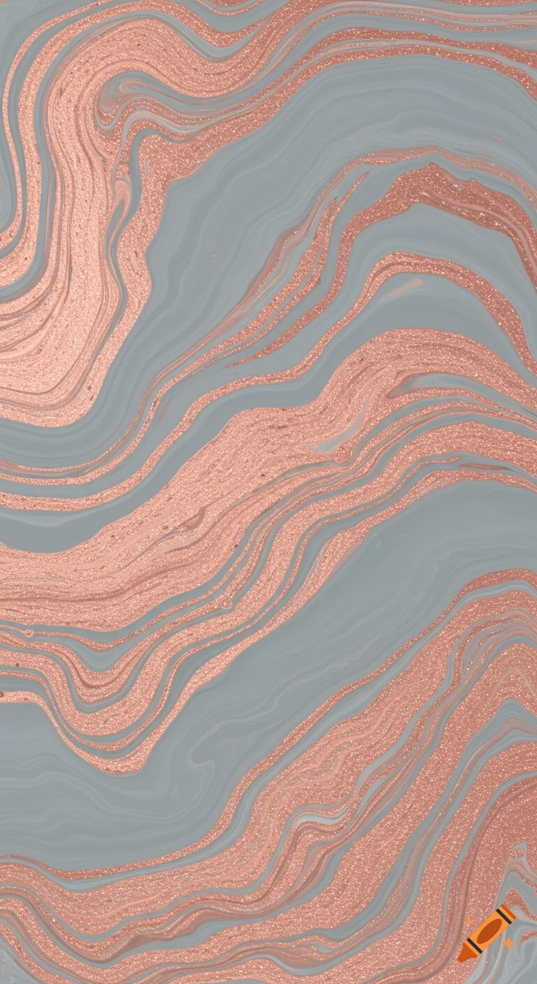A vibrant abstract pattern of swirling grey-blue and glittery rose gold marble.