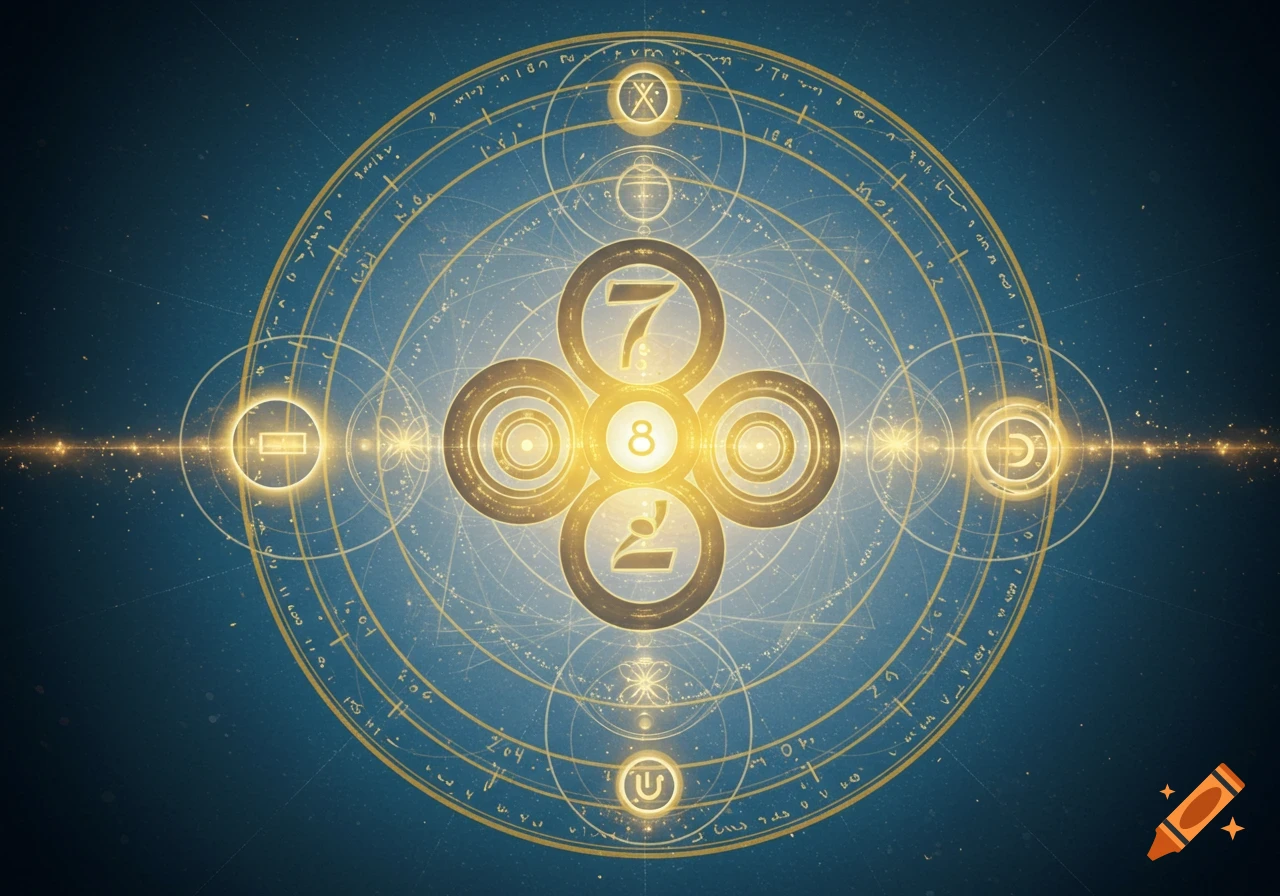 A glowing mystical geometric sigil with central numbers 7, 8, and a stylized 2, surrounded by intricate golden lines and glyphs on a dark blue background.