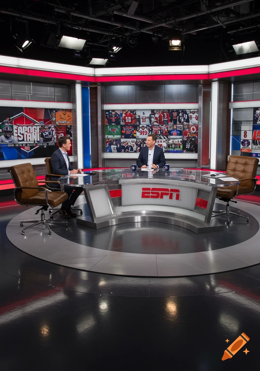 Two men sit at a curved desk in a modern TV studio with large screens displaying sports-related graphics in the background.