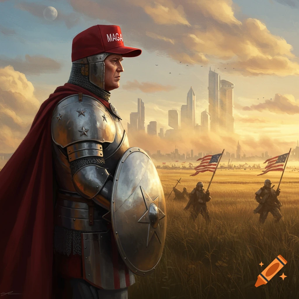 Digital art depicting Donald Trump as a knight in armor, wearing a red MAGA hat and cape, holding a shield, against a backdrop of a city skyline and flag-waving figures.