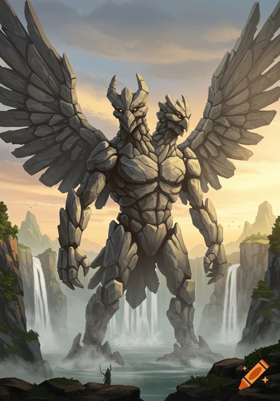 A giant, two-headed, winged rock creature with glowing eyes stands in a misty lake surrounded by waterfalls and mountains, a small human figure stands on a rock below.