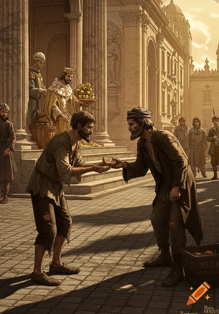 Vintage photorealistic illustration of a poor man offering bread to another, while a king distributes alms from a grand palace.