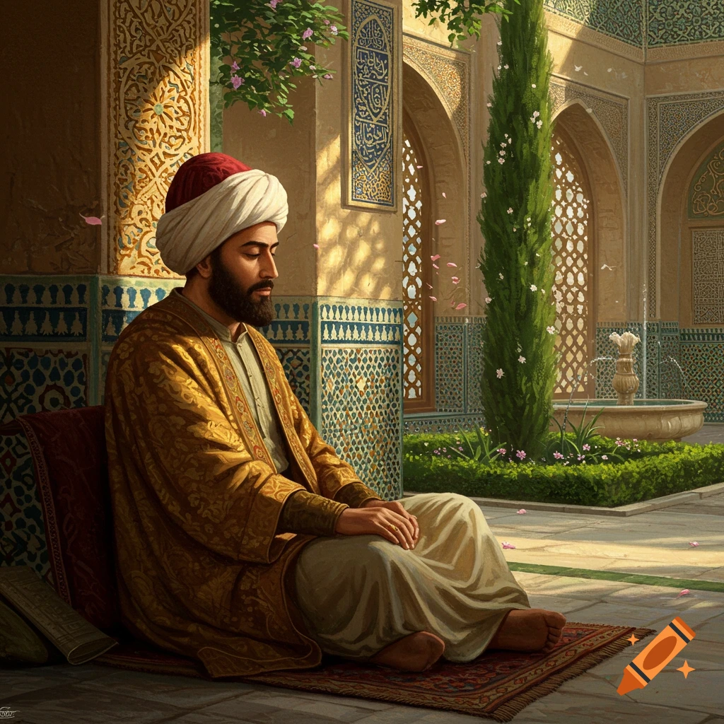 A man in a gold robe and white turban sits on a rug in a sunlit Islamic courtyard with intricate tilework, a fountain, and tall cypress trees.