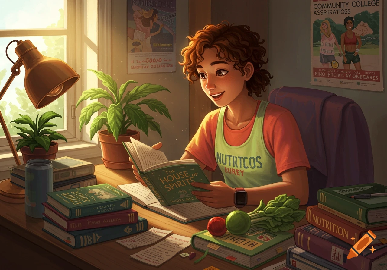 A smiling student with curly hair reads "The House of Spirits" at a sunlit desk filled with books, plants, and groceries.