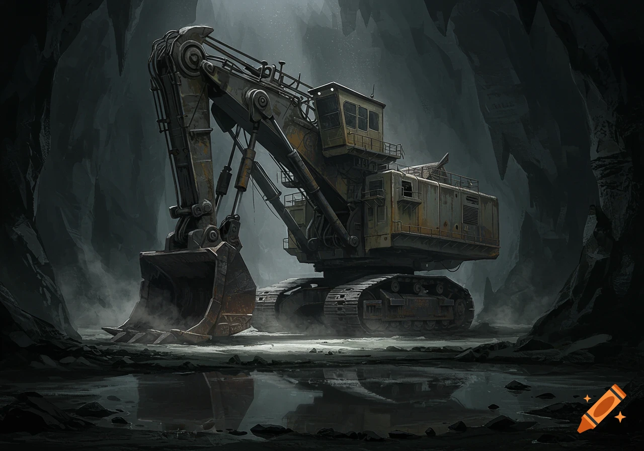 An imposing, abandoned bucket wheel excavator stands in a dark, misty underground cavern with water reflecting its image.