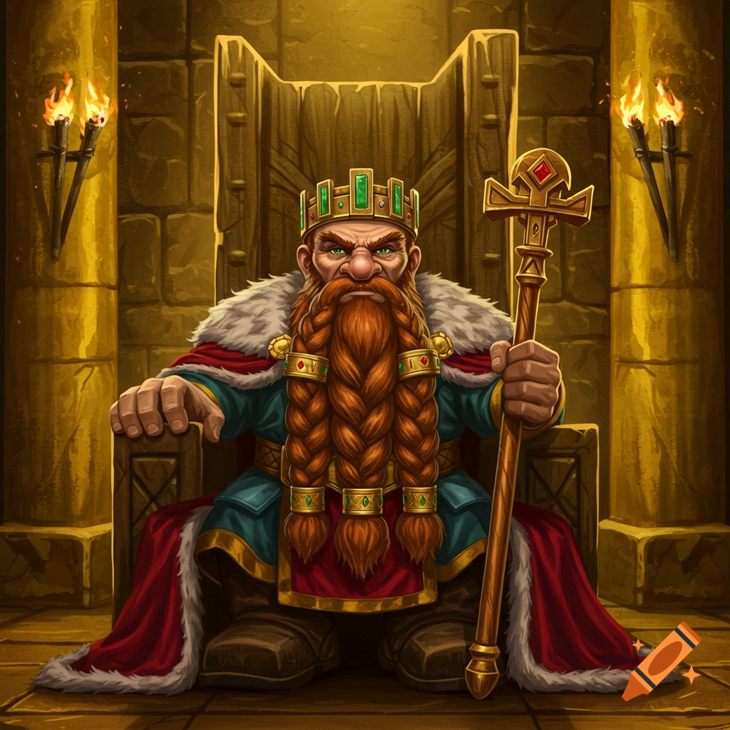 Grumpy dwarf king with a long braided red beard and crown sits on a golden throne, holding a scepter, in a fantasy illustration.