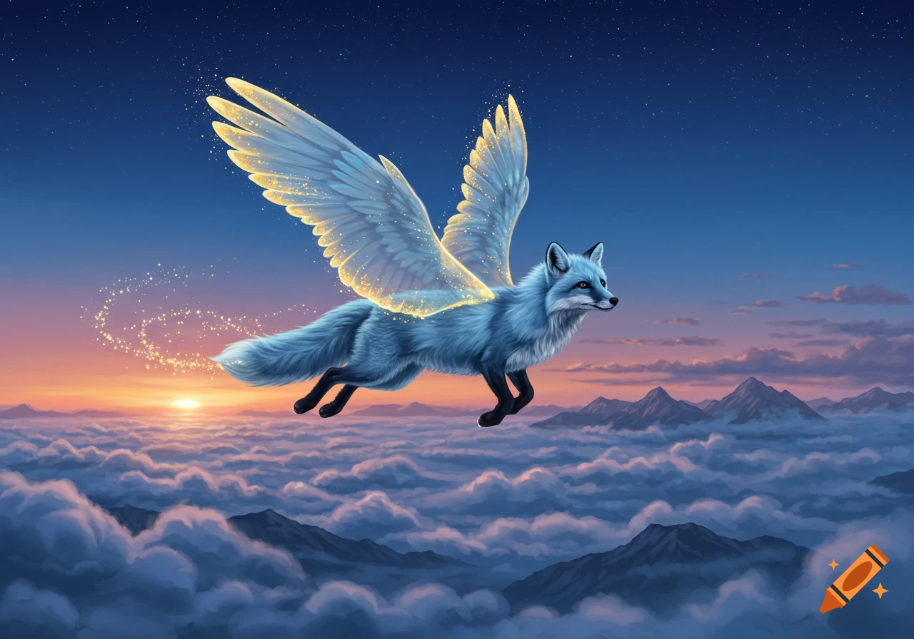 A majestic sky blue fox with large glowing white wings flies above a sea of clouds and distant mountains at sunset.