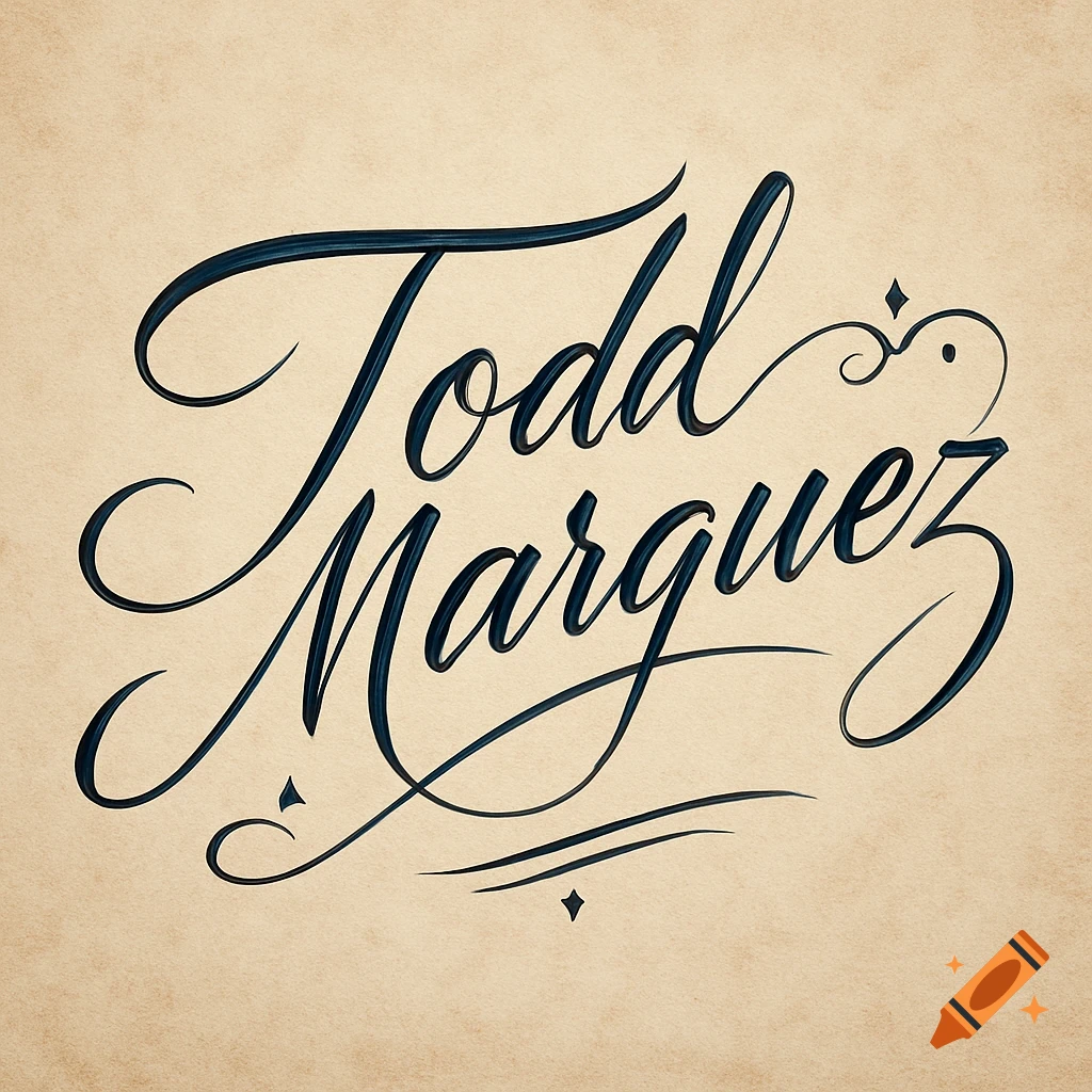 Calligraphic signature 'Todd Marquez' in dark blue on a textured light brown background.