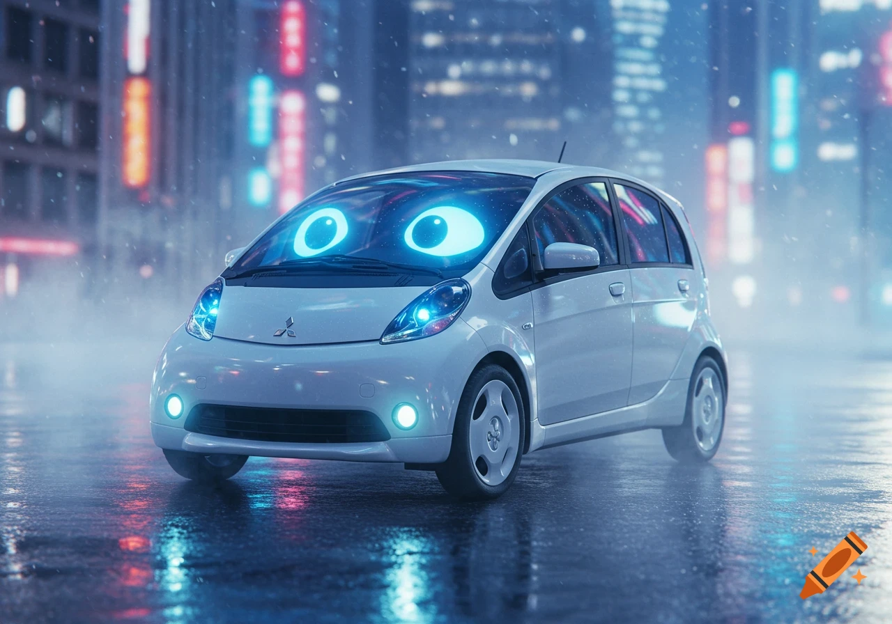 A white Mitsubishi i-MiEV car with large glowing blue eyes on its windshield drives through a rainy, neon-lit city street at night.