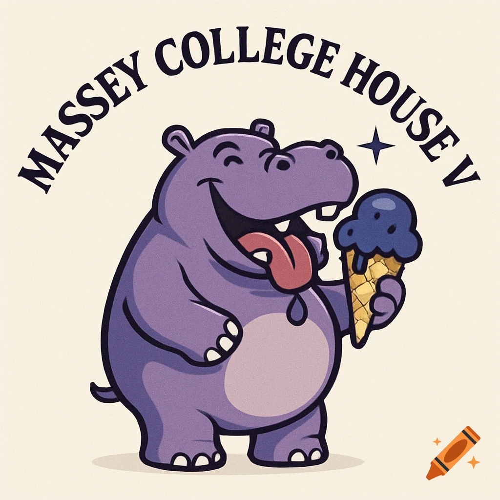 Cartoon logo of a happy purple hippo with tongue out, holding a melting blueberry ice cream cone, with 'MASSEY COLLEGE HOUSE V' text above.
