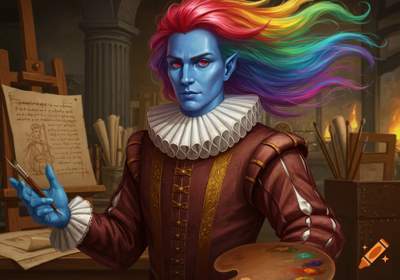 Blue-skinned elf with red eyes and rainbow hair, in historical artist's attire, holding a paintbrush and palette.