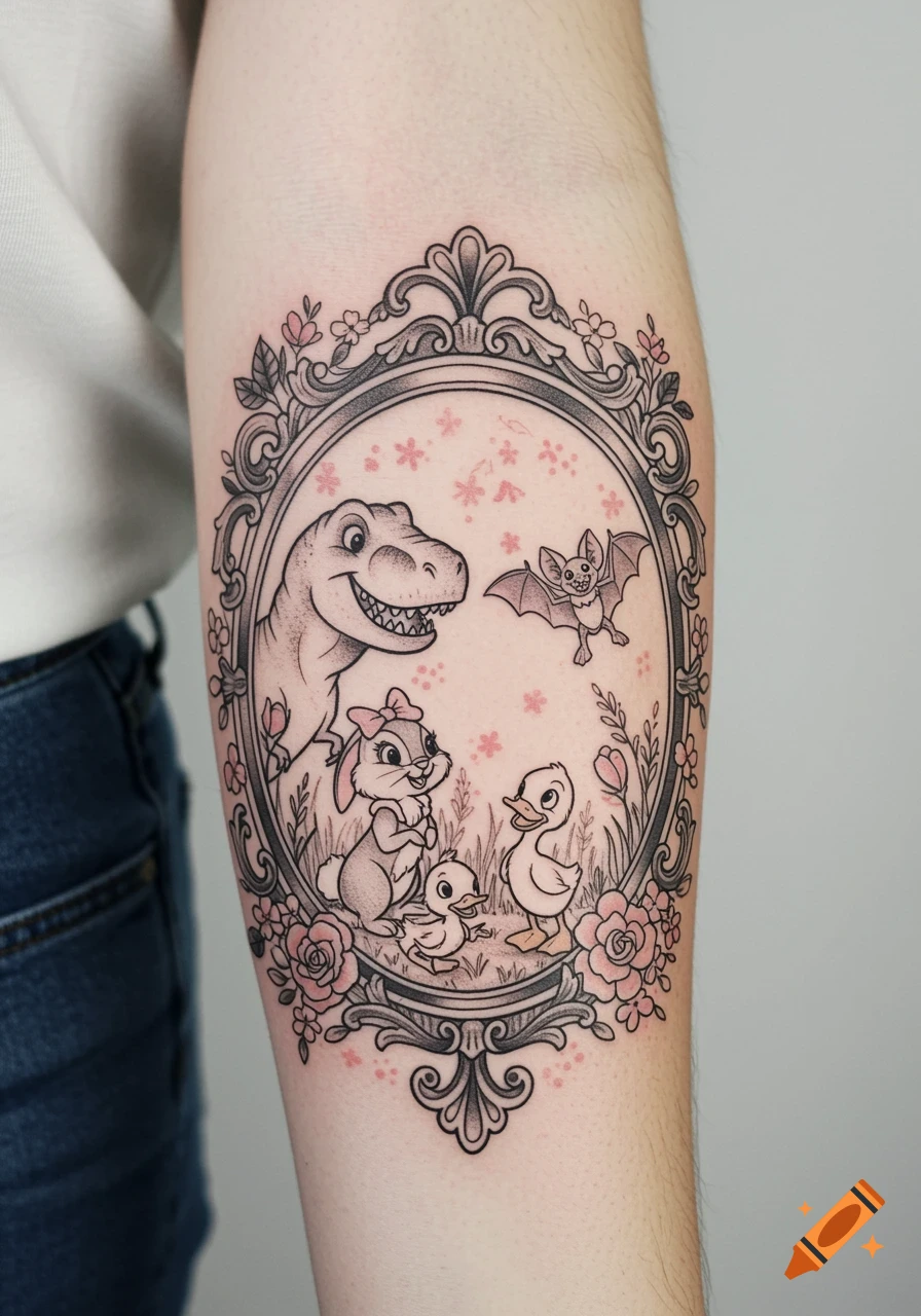 A forearm tattoo featuring a framed Disney-style scene with a T-Rex, bunny, ducklings, and bat among pink flowers.