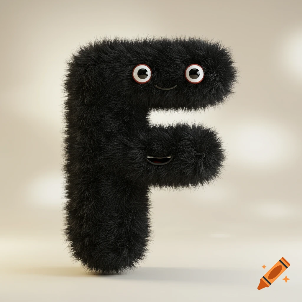 A cute, fluffy black letter F with cartoon eyes and a smiling mouth, rendered in 3D on a light background.