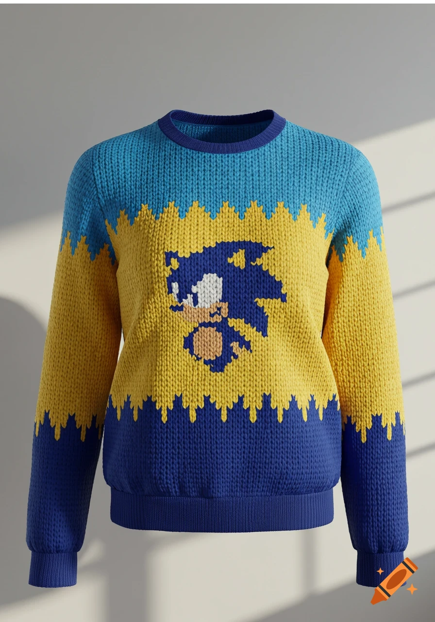 A knitted Sonic the Hedgehog sweater with blue top, yellow middle with a pixelated Sonic, and dark blue bottom.
