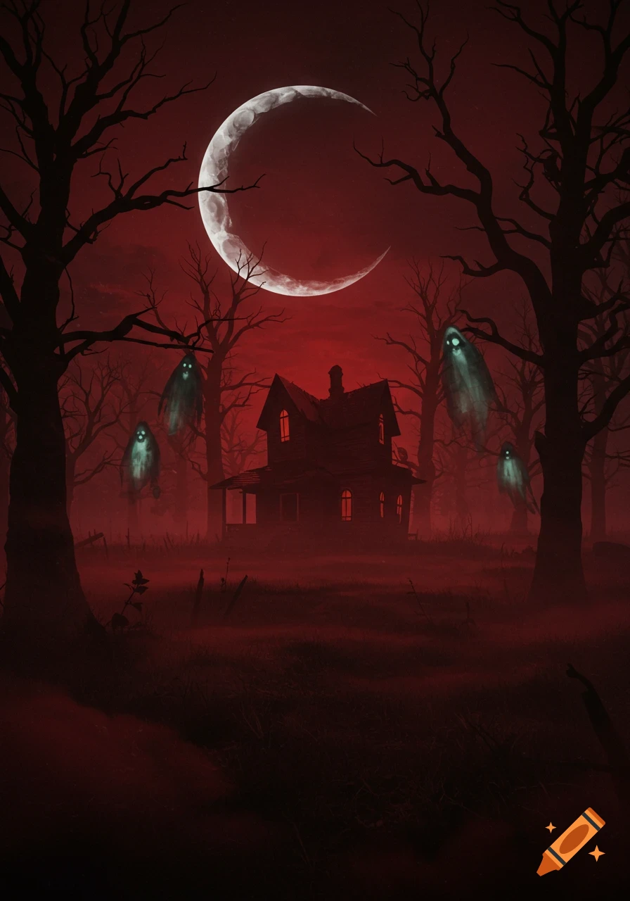 A haunted house in a dark, red-lit forest under a crescent moon, with spooky ghosts floating among bare trees.