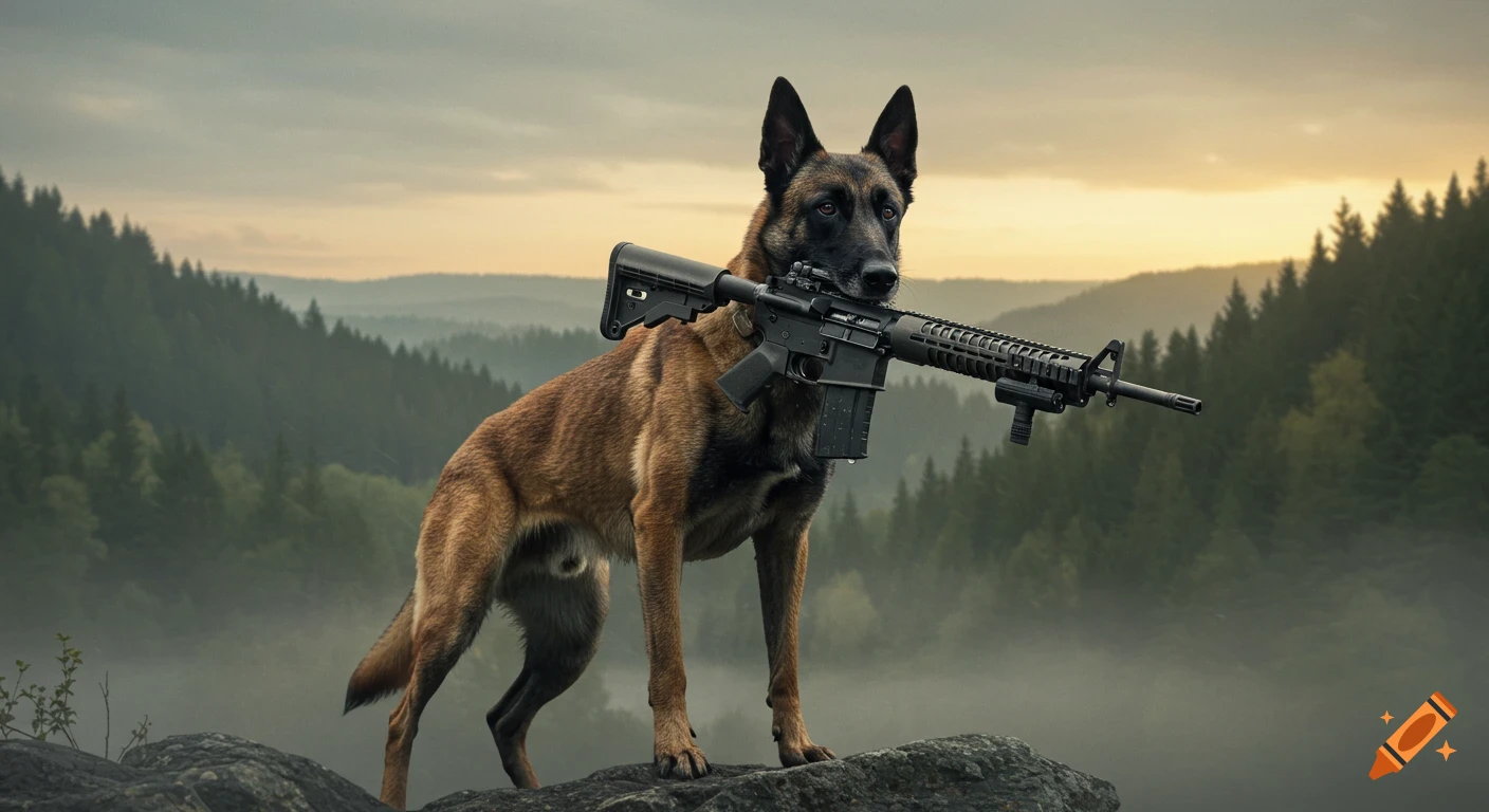 A Belgian Malinois dog stands on a rock, holding an assault rifle in its mouth, overlooking a misty, forested valley at sunset.