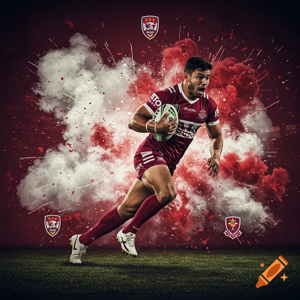 A male rugby player in a maroon jersey runs with a ball on a grassy field, surrounded by red and white smoke and team emblems.