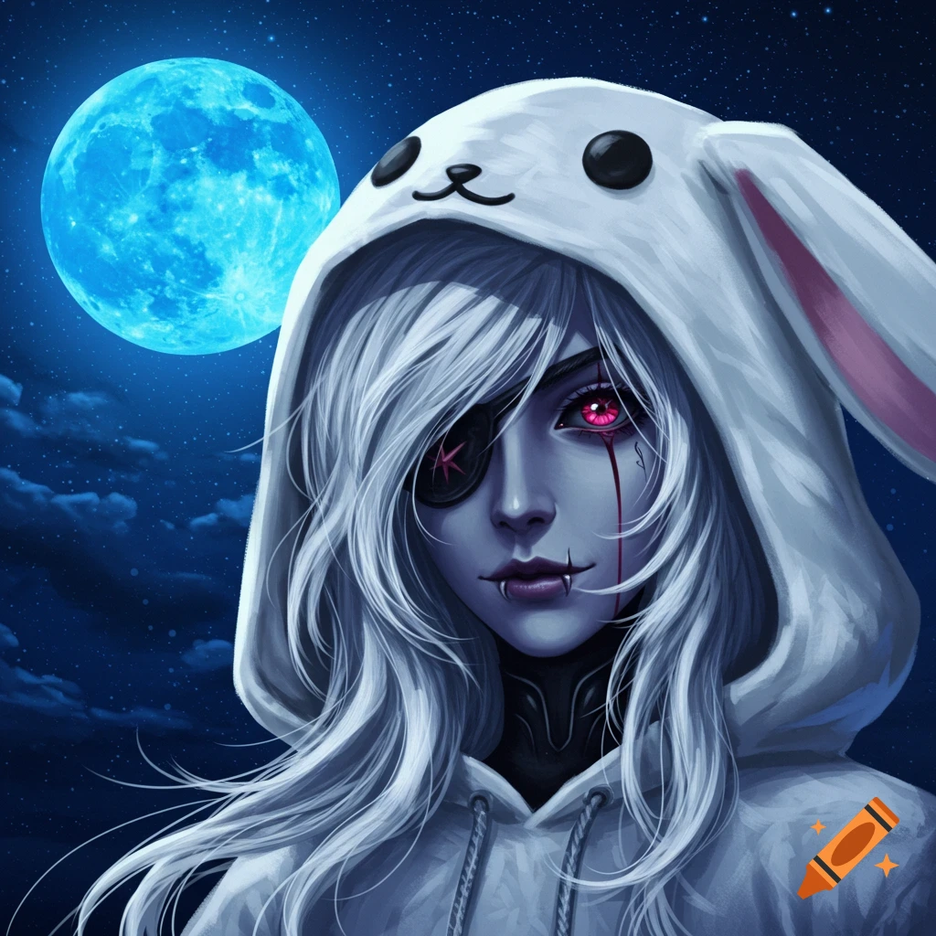 A stylized character with long silver hair in a white bunny hoodie, an eyepatch, and a glowing red eye under a blue moon at night.