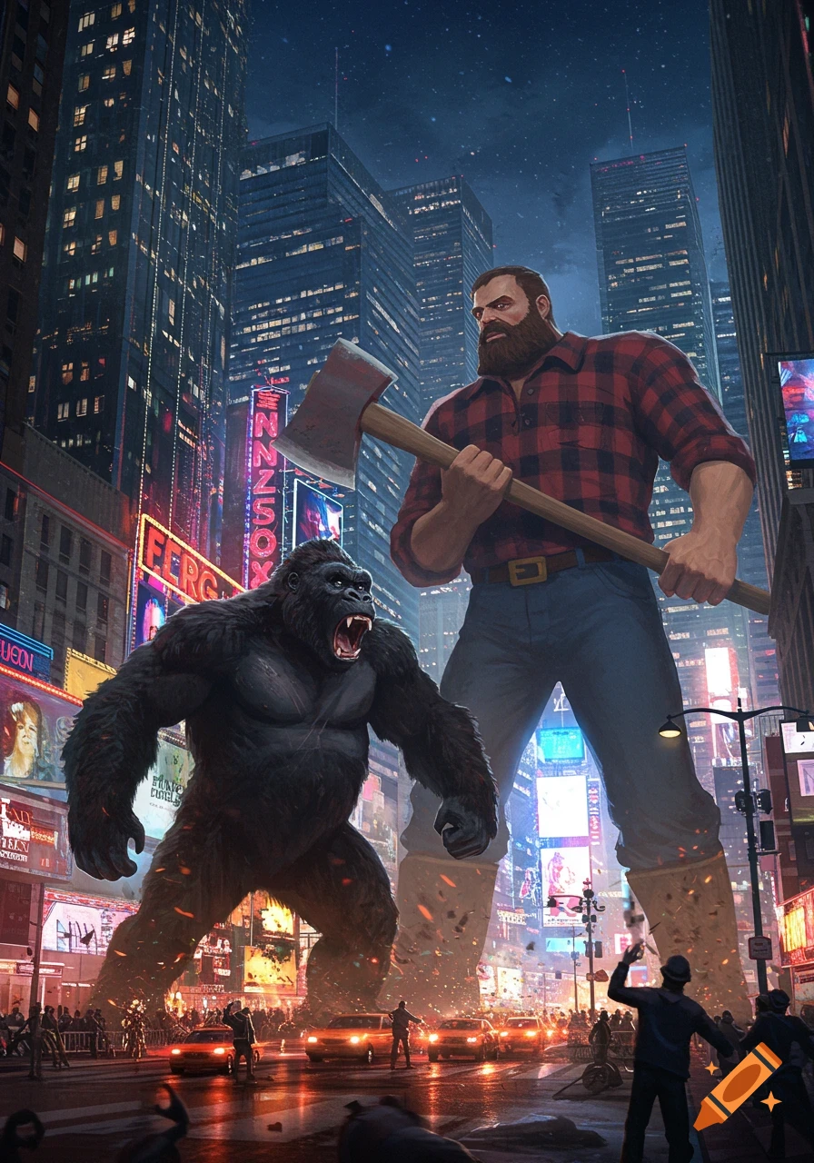 Giant King Kong and an axe-wielding Paul Bunyan stand in a chaotic, neon-lit city at night as people flee in terror. Illustrated.