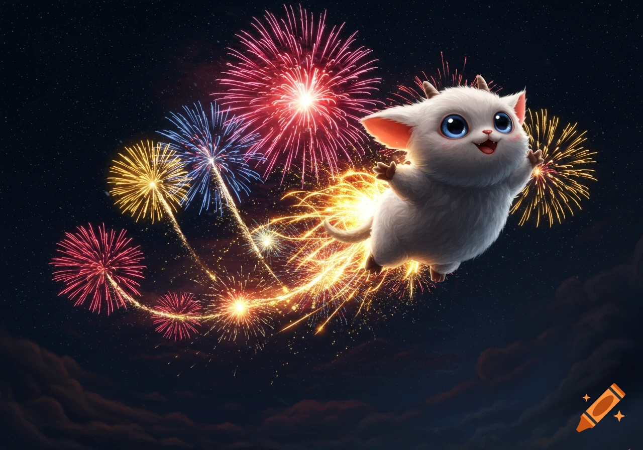 An adorable fluffy white creature, resembling Labubu, flies happily through a dark night sky illuminated by colorful fireworks.