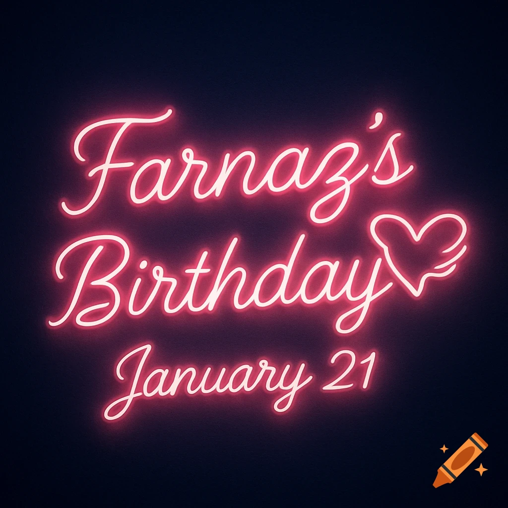 A bright pink neon sign against a dark background, reading "Farnaz's Birthday January 21" with a heart.