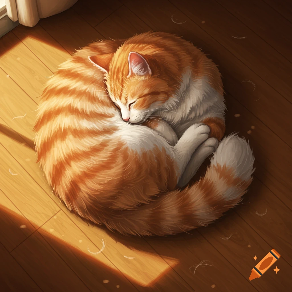 A fluffy orange and white tabby cat sleeps curled up on a sunlit wooden floor.