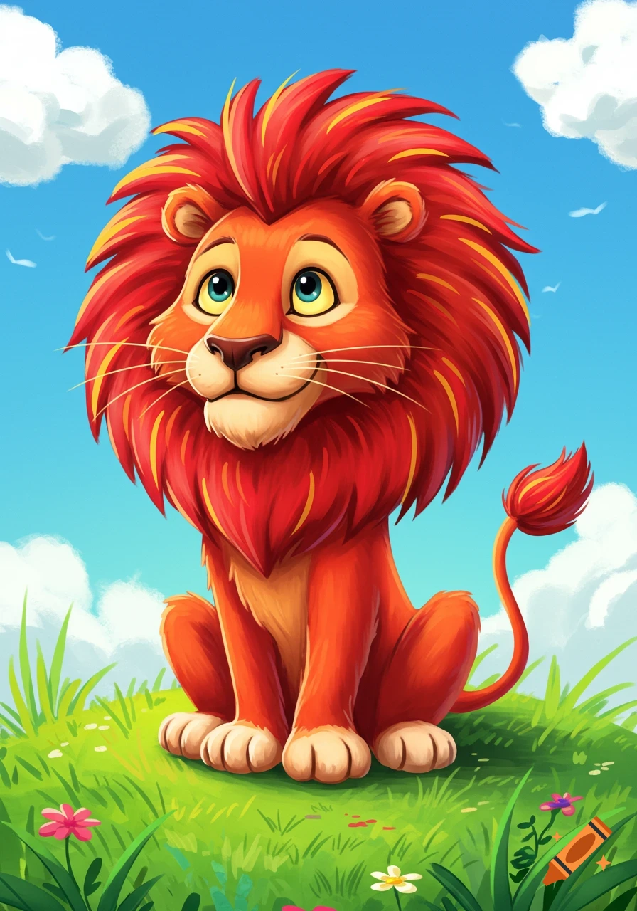 A cute, orange cartoon lion with a vibrant red mane sits in a grassy field under a blue sky.