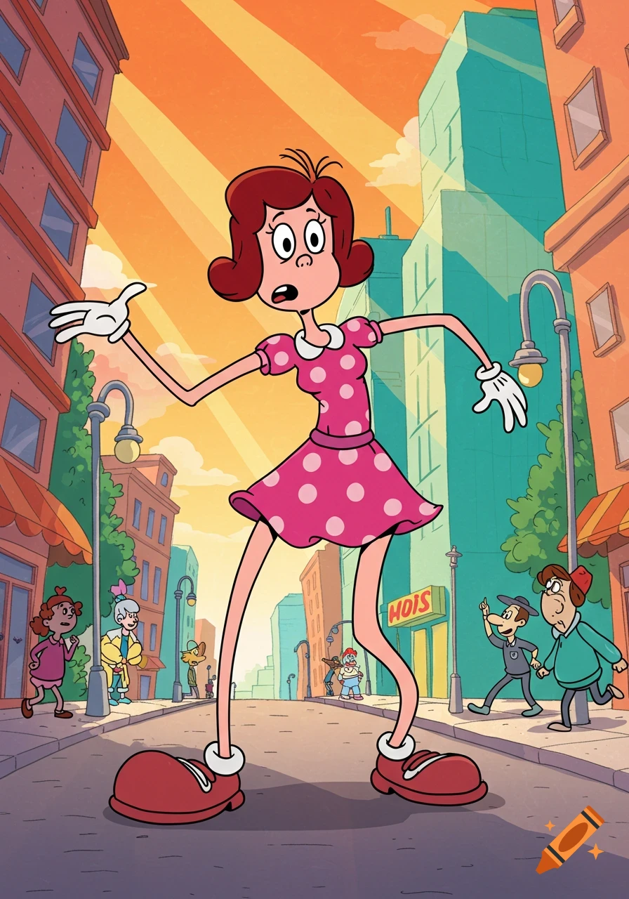 A cartoon woman with a large head, thin body, and huge red shoes, wearing a pink polka-dot dress, stands in the middle of a city street at sunset, looking surprised, with smaller people in the background.