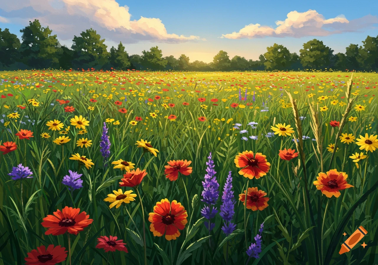 Vibrant painterly landscape of a field of colorful wildflowers under a sunny blue sky with trees in the distance.
