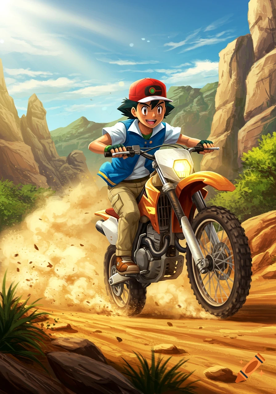 Ash Ketchum from Pokemon rides an orange dirt bike through a dusty, rocky desert landscape, smiling excitedly.
