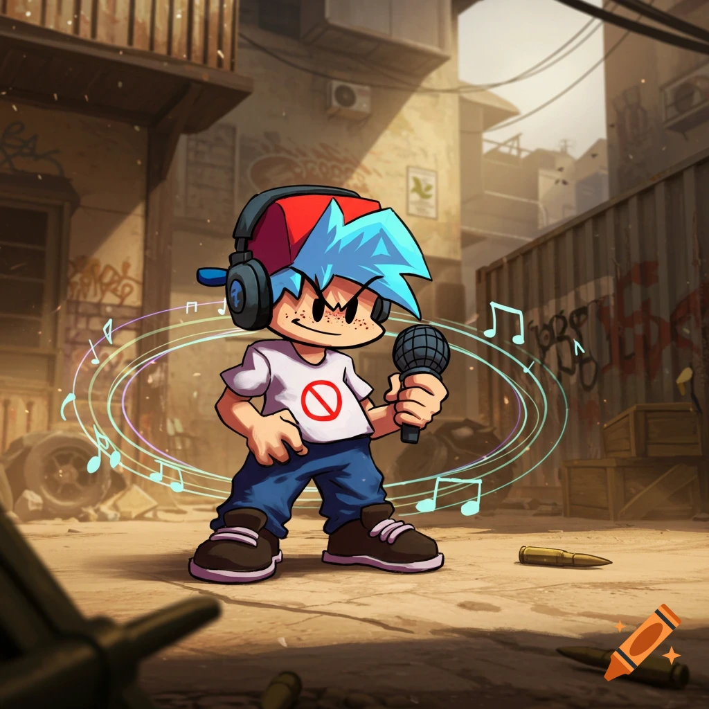 Cartoon character Boyfriend from FNF, wearing headphones and holding a mic, stands in a grungy urban alley with bullet casings.
