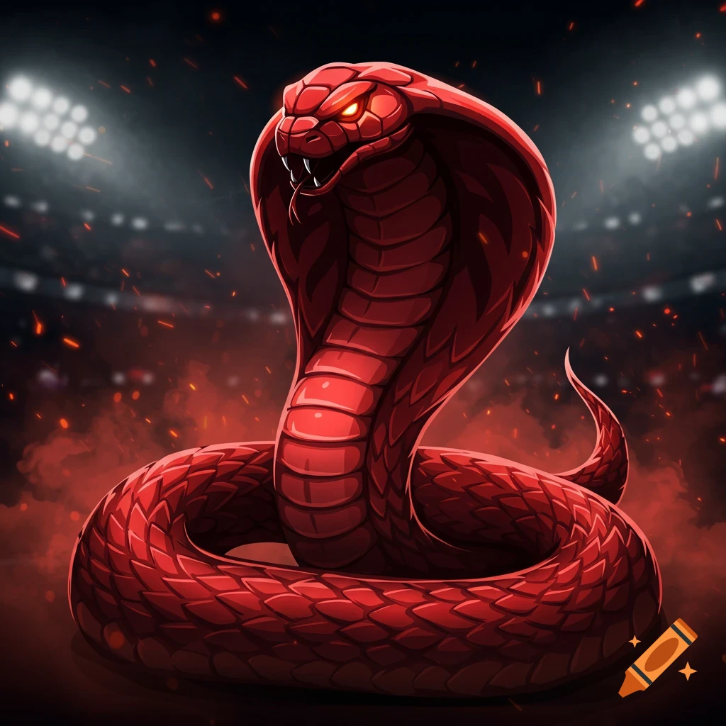 A vibrant red cobra with glowing eyes coiled up in a dark stadium with bright lights and red smoke. Illustration style.