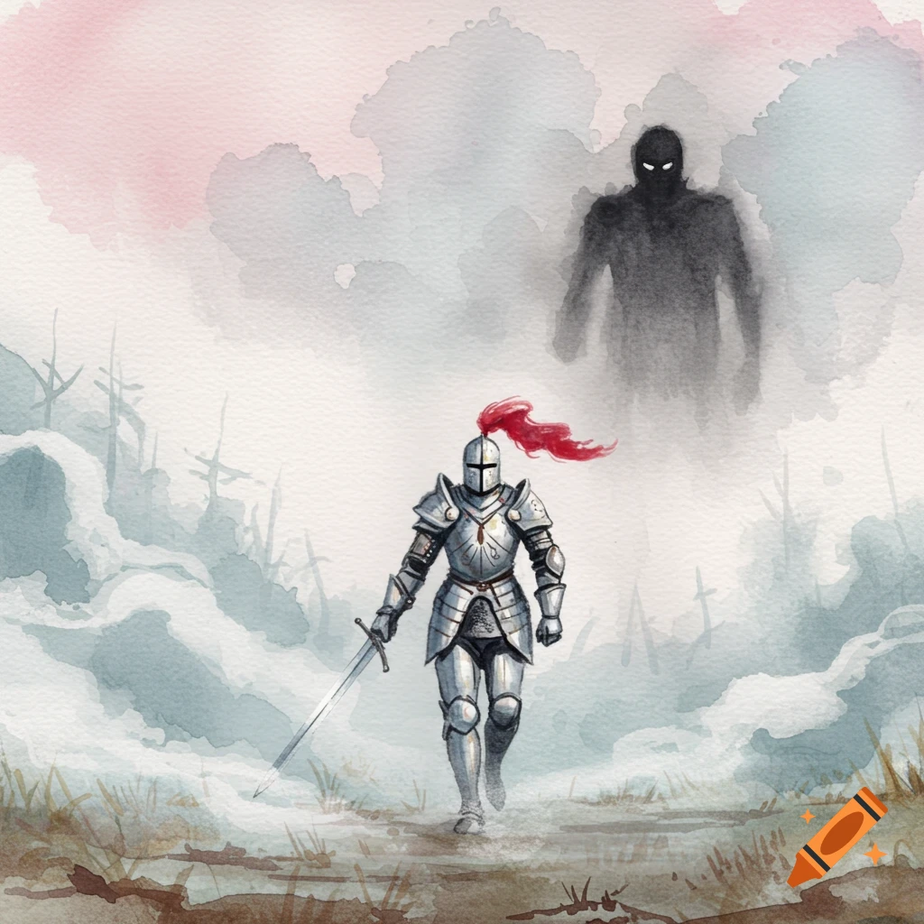 A watercolor painting of a knight in silver armor with a red plume, holding a sword, walking through misty fields towards a looming dark shadow figure.