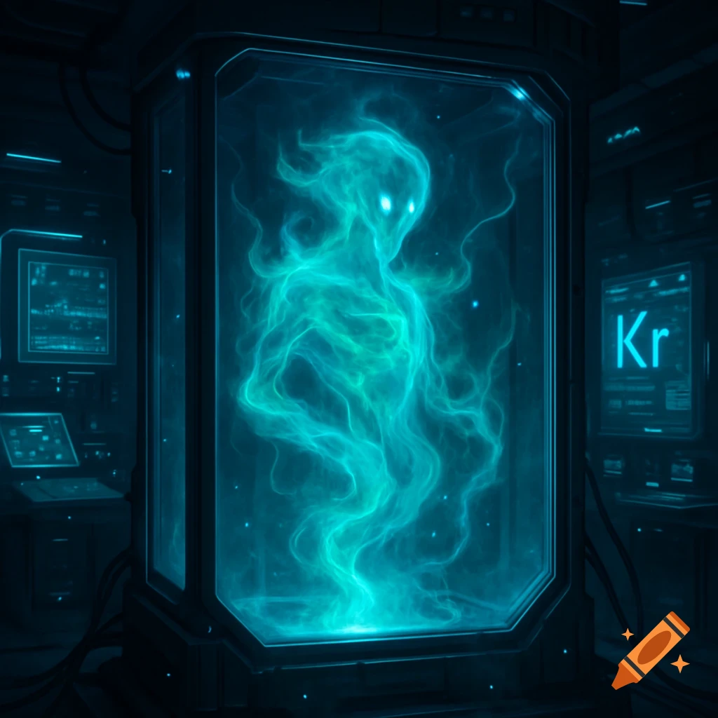 A glowing turquoise gaseous entity with bright eyes is contained within a futuristic glass chamber in a dark lab, with 'Kr' displayed on a screen.