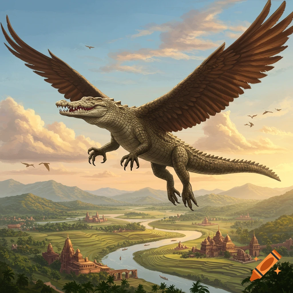A crocodile-bird hybrid with brown wings flies over a lush green landscape with a river and ancient temples under a dramatic sky.