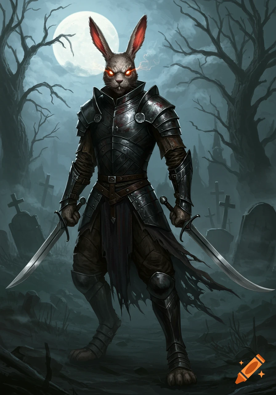 A fierce undead rabbit warrior with glowing red eyes, clad in dark armor, stands in a misty graveyard under a full moon, wielding two swords. Dark fantasy art.