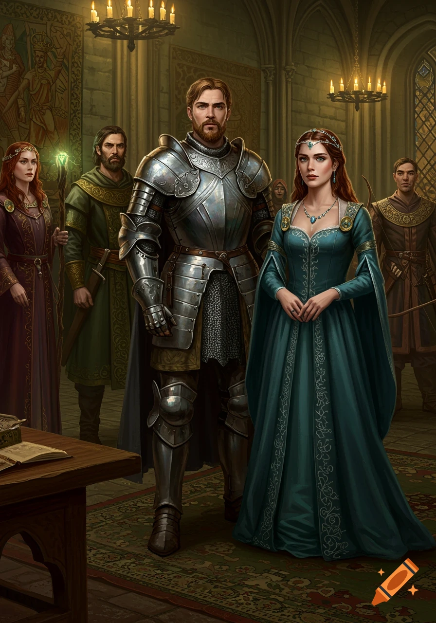 A knight in shining armor, a woman in a teal gown, and other figures stand in a grand medieval hall with tapestries and chandeliers.